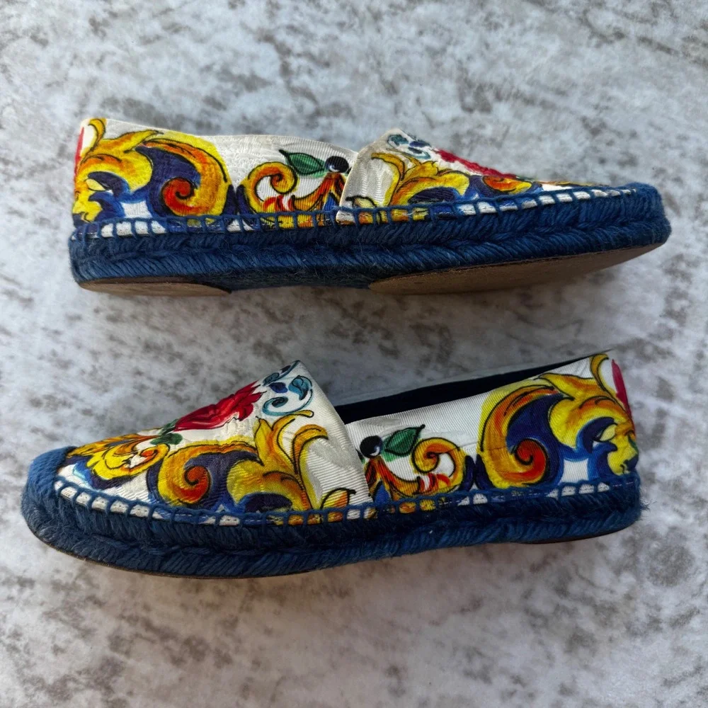 Dolce & Gabbana Majolica Print Espadrilles Blue Jute Flats Size 36 US Size 6